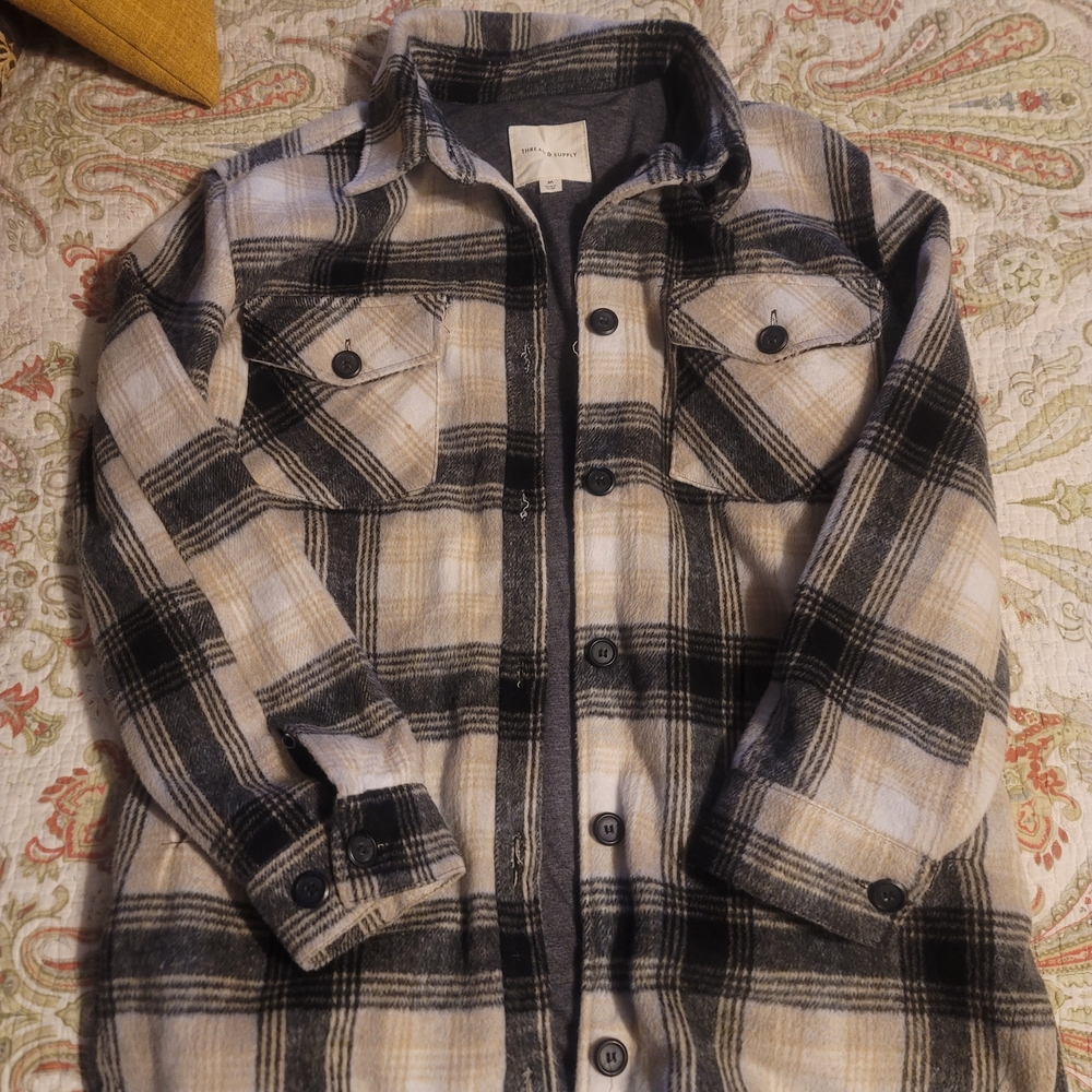 Thread & Supply Gray and Cream Plaid Jacket, Size MEDIUM